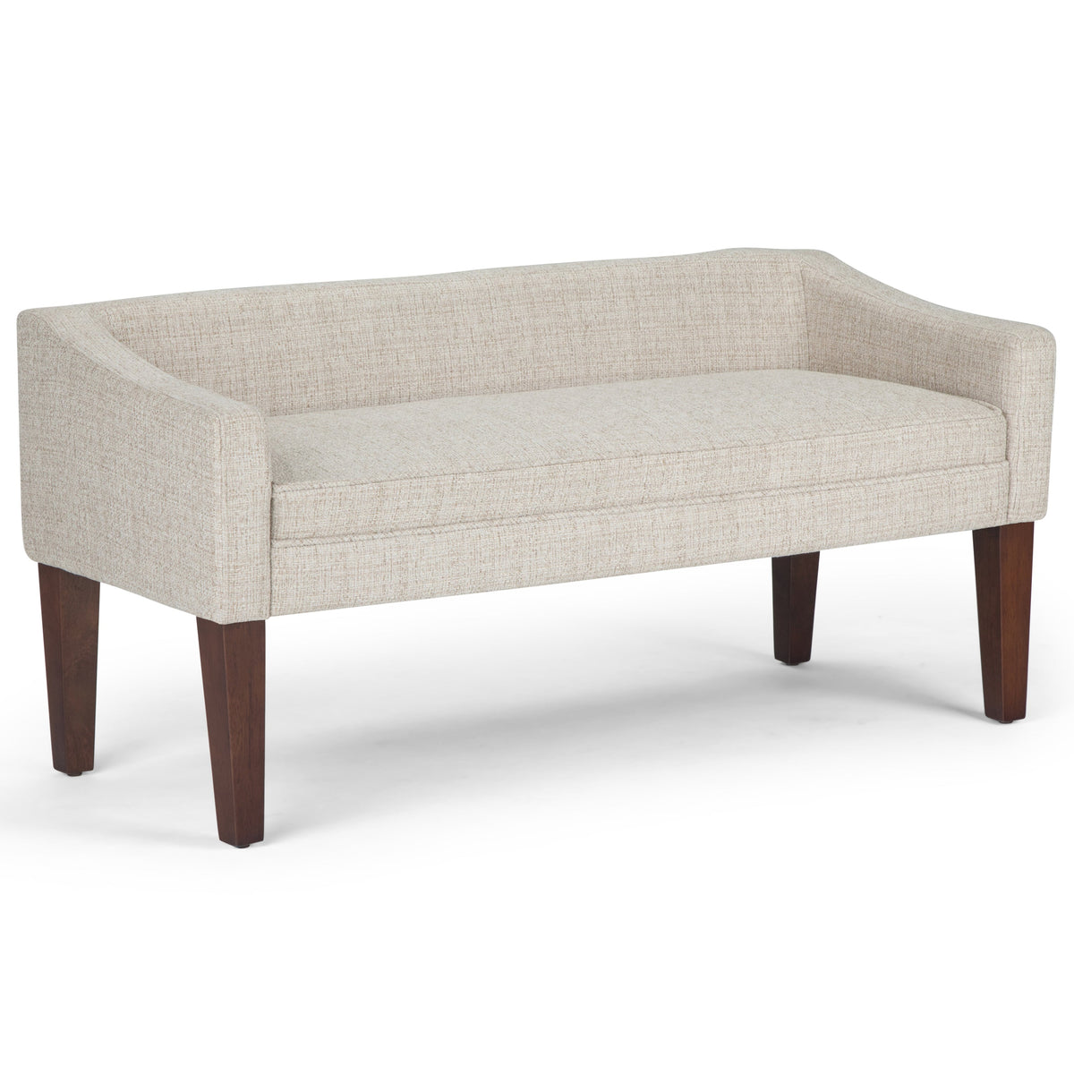 Platinum Parris upholstered bench with swooped arms and low back at the foot of a bed
