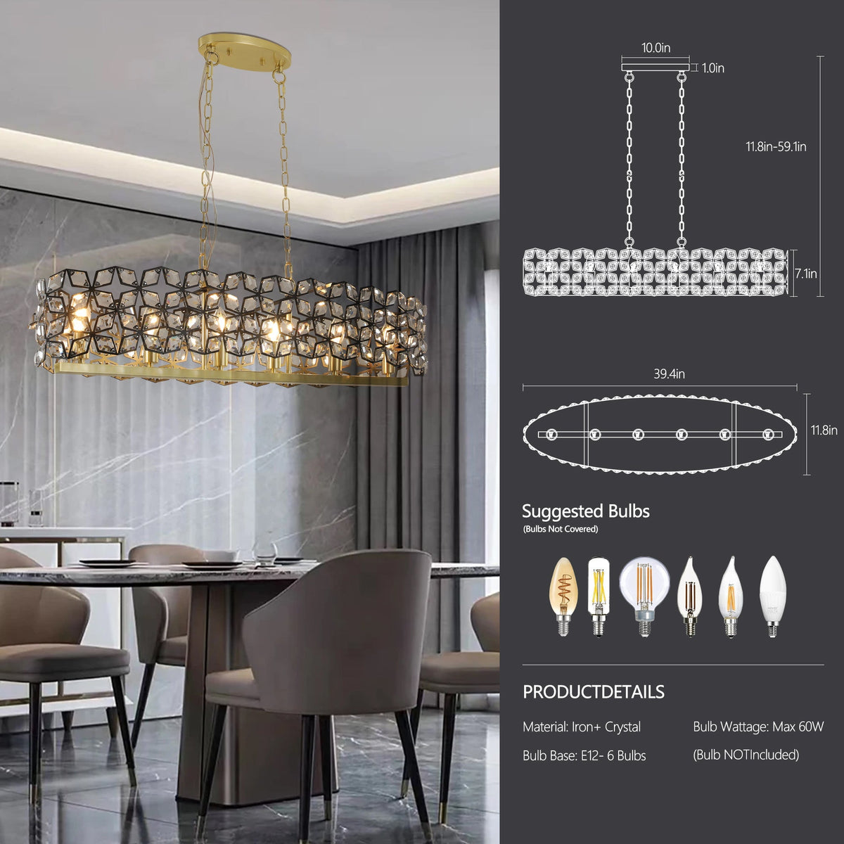 39" Contemporary K9 Crystal Linear Pendant Chandelier, Black and Gold – view 9