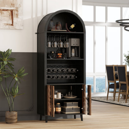 71-Inch Farmhouse Arched Wine Bar Cabinet with Glass Holders, Black – view 4