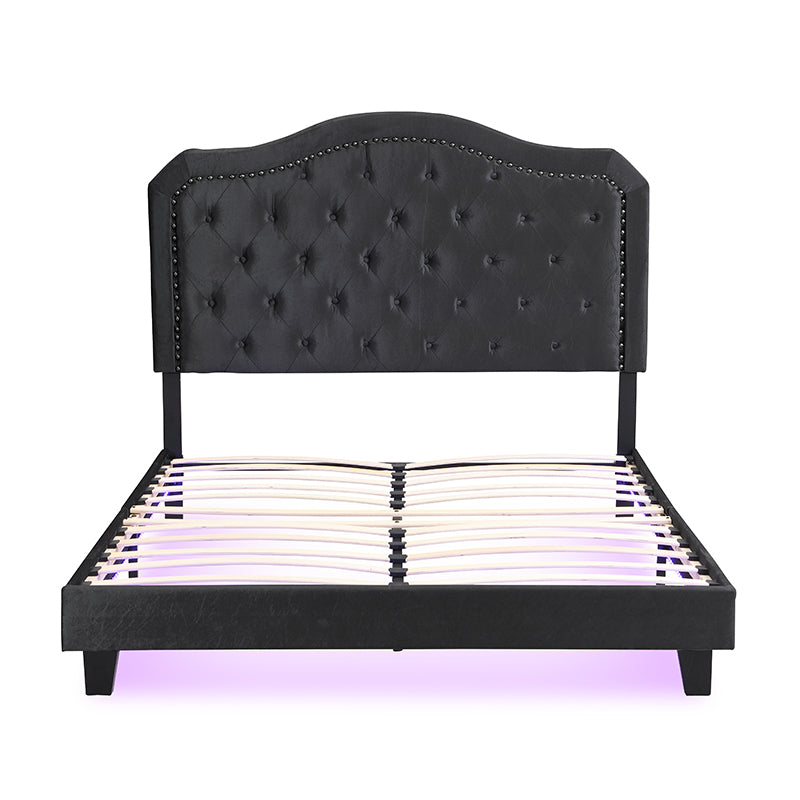 Queen Velvet Upholstered Bed with Button-Tufted Curved Headboard and LED – view 8