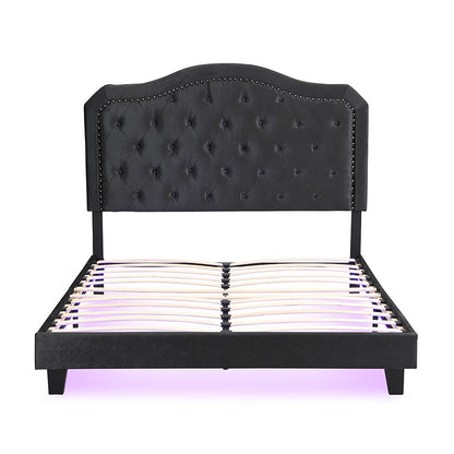 Queen Velvet Upholstered Bed with Button-Tufted Curved Headboard and LED – view 8