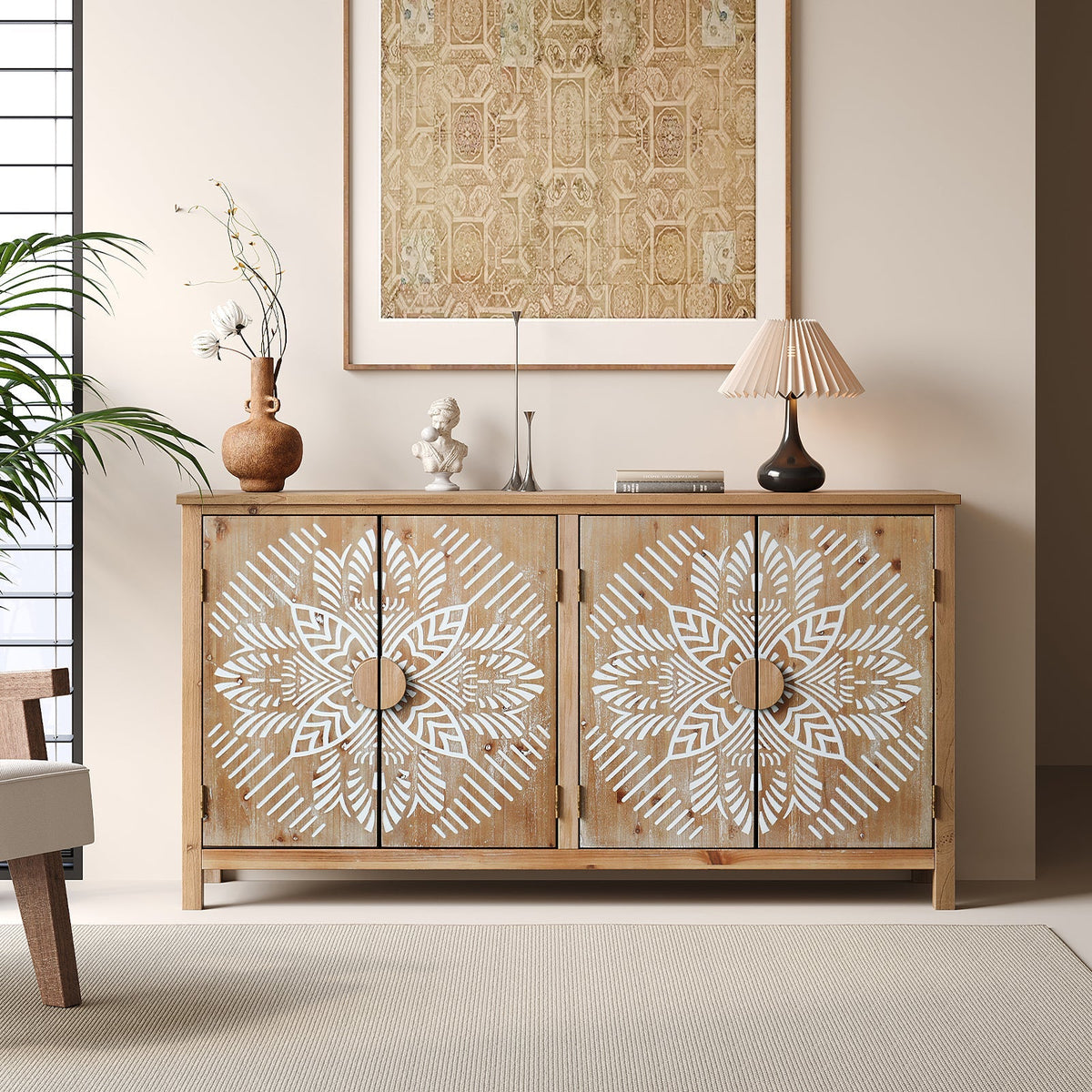 60 Inch Antique Brown and White Wood Accent Cabinet with 4 Doors – view 2