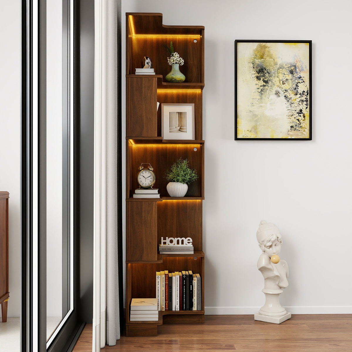 5 Tier Corner Bookshelf with Melamine Finish in Neutral Wood – view 2