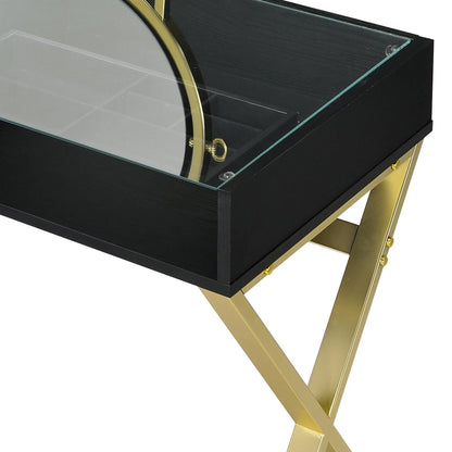 Black and Gold Vanity Desk with Mirror, Jewelry Tray and Two Drawers – view 4