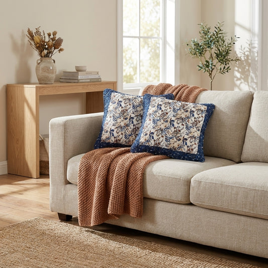 Tache Cotton Patchwork White Blue Yellow Brown Floral Prairie Sunset Cushion Cover 2-Pieces (JHW-887)