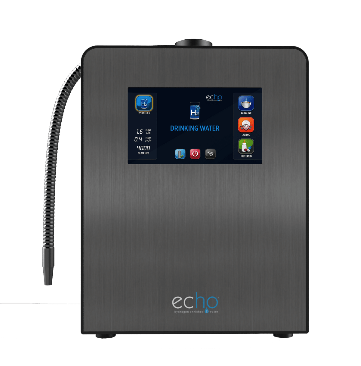 Echo Ultimate hydrogen water machine with chrome faucet dispensing filtered water at a kitchen sink