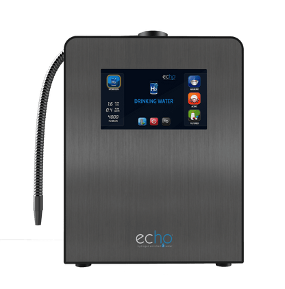 Echo Ultimate hydrogen water machine with chrome faucet dispensing filtered water at a kitchen sink