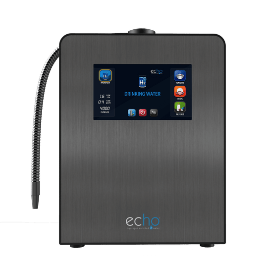 Echo Ultimate hydrogen water machine with chrome faucet dispensing filtered water at a kitchen sink