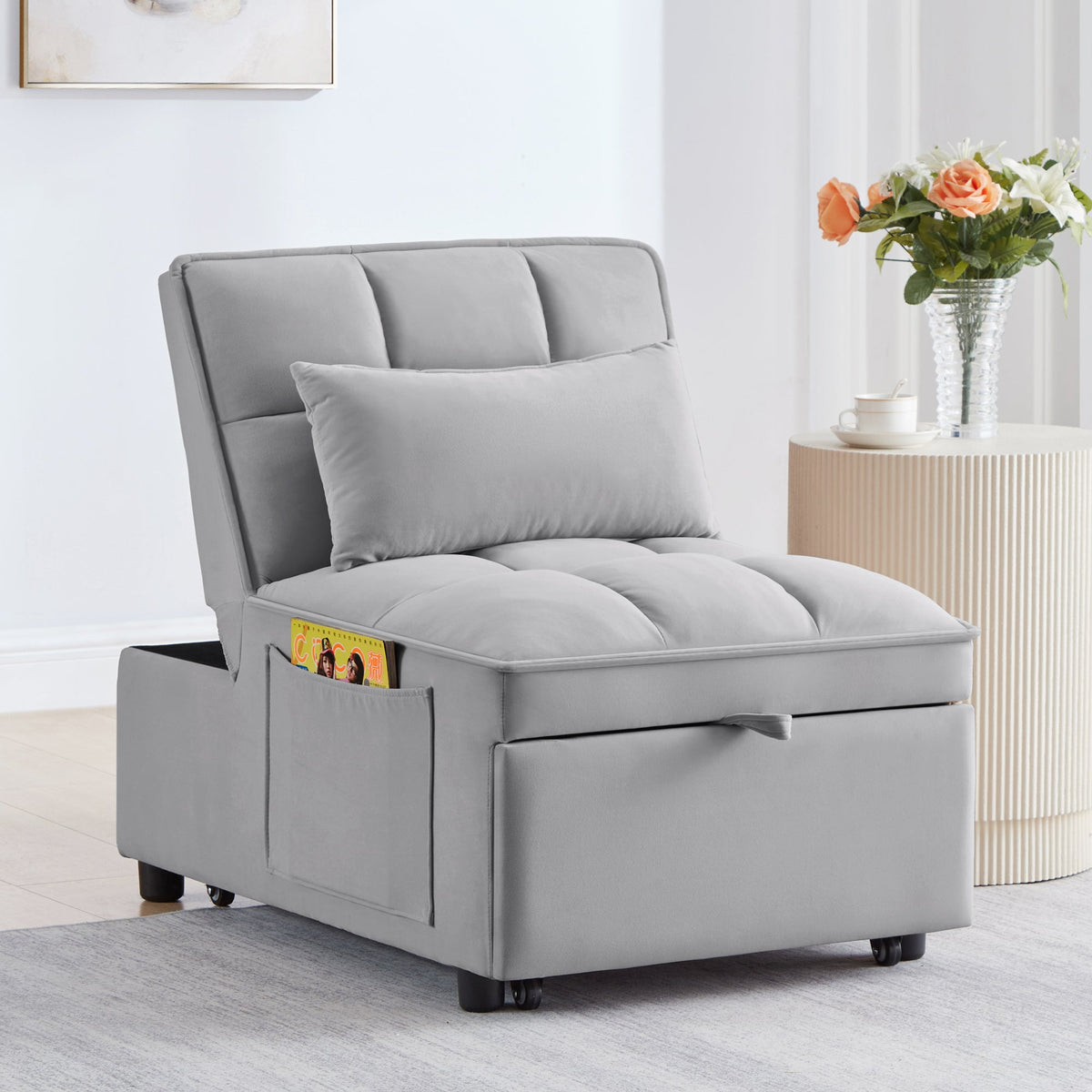 4-in-1 Convertible Gray Velvet Single Sofa Bed with Adjustable Backrest – view 2