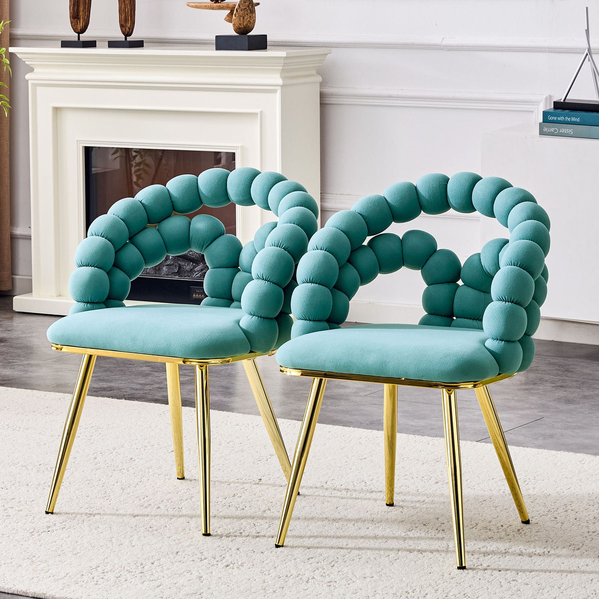 Puffy Bubble Ball Chain Upholstered Dining Chairs, Light Blue or Yellow – view 9