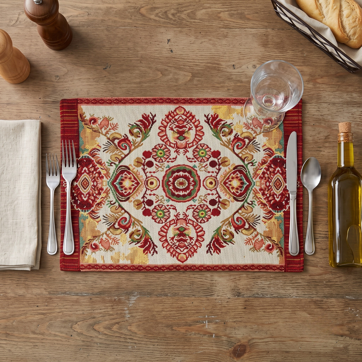Burgundy Ornate Paisley Woven Tapestry Placemats, Eclectic Dining Set – view 4