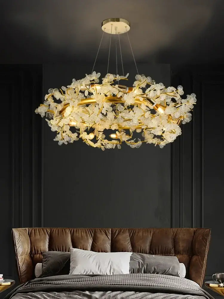 Elegant branch crystal chandelier in French luxury style in a grand living room