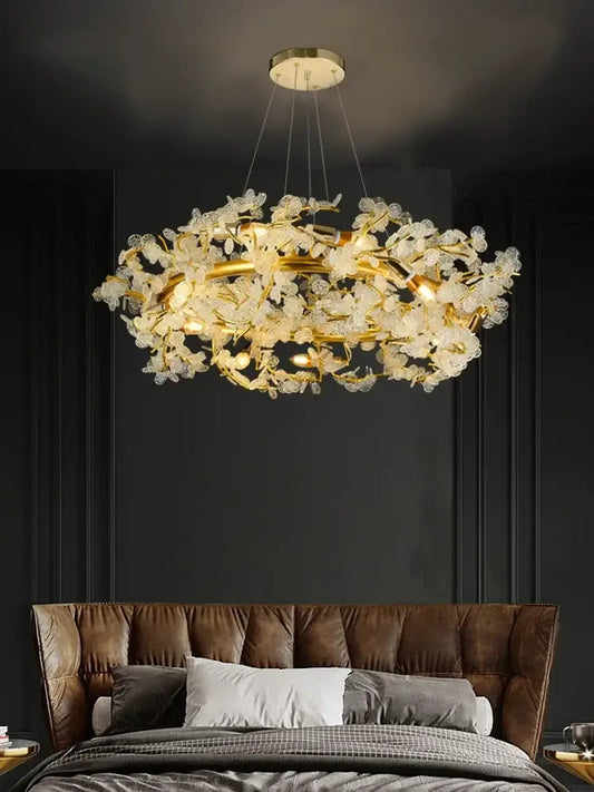 Elegant branch crystal chandelier in French luxury style in a grand living room