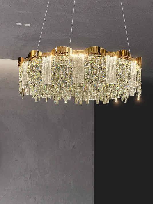Modern circular crystal ring chandelier in an elegant living room