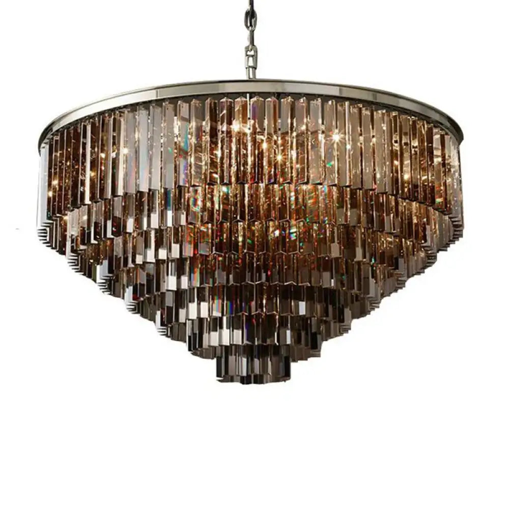 Smoke gray tiered Nordic crystal chandelier in a luxurious living room