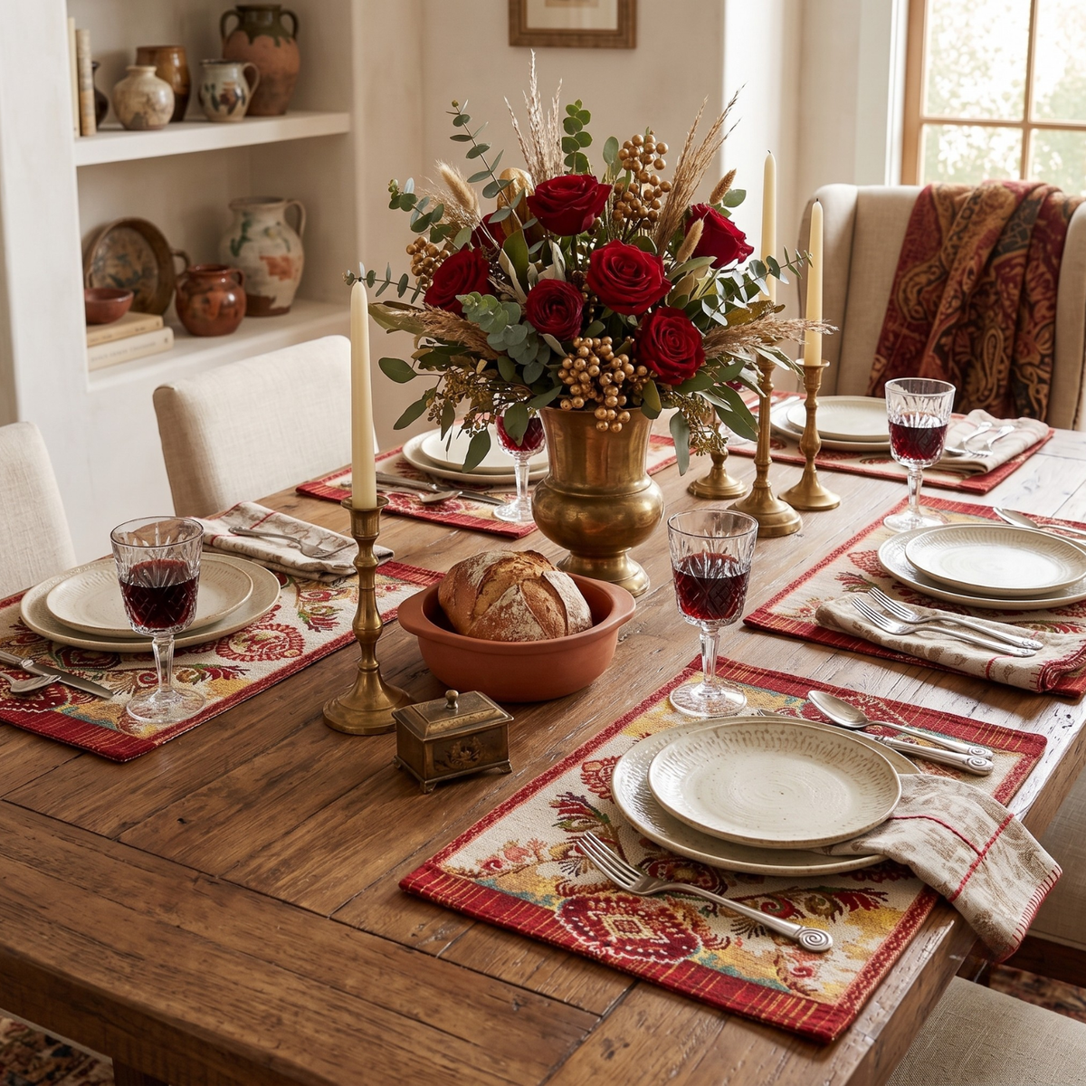Burgundy Ornate Paisley Woven Tapestry Placemats, Eclectic Dining Set – view 5