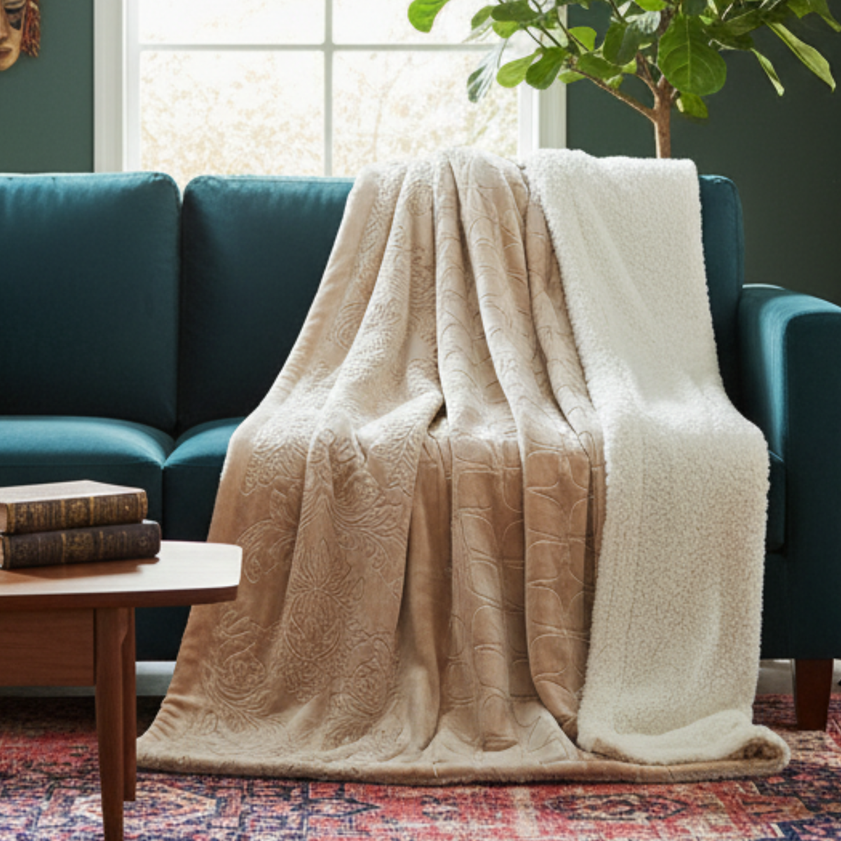 Champagne Beige Embossed Sherpa Throw Blanket