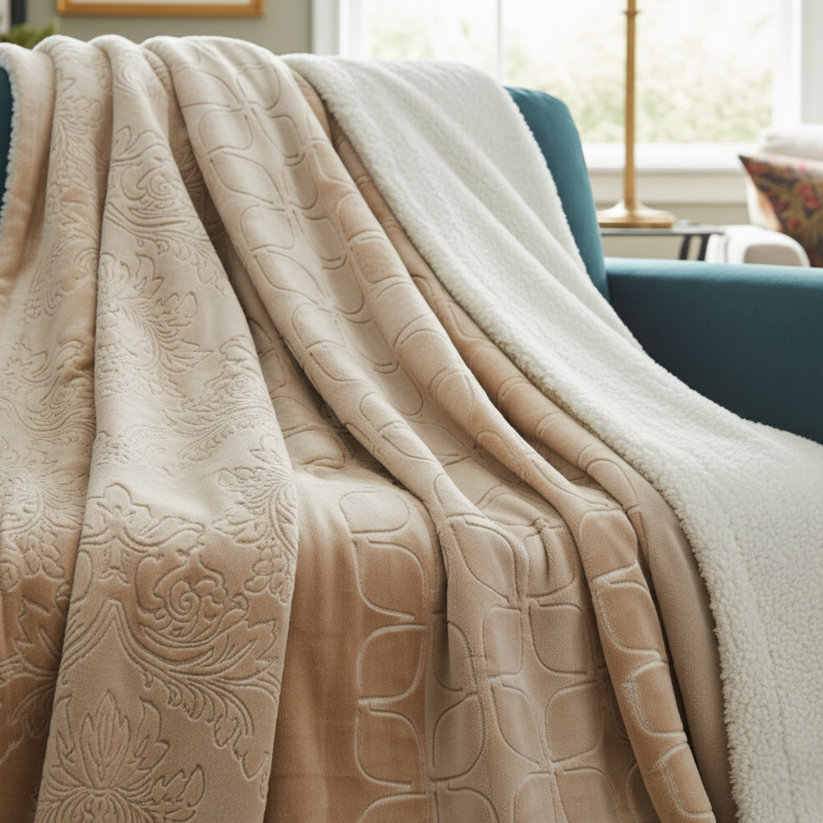 Champagne Beige Embossed Microfleece and Sherpa Throw Blanket – view 3