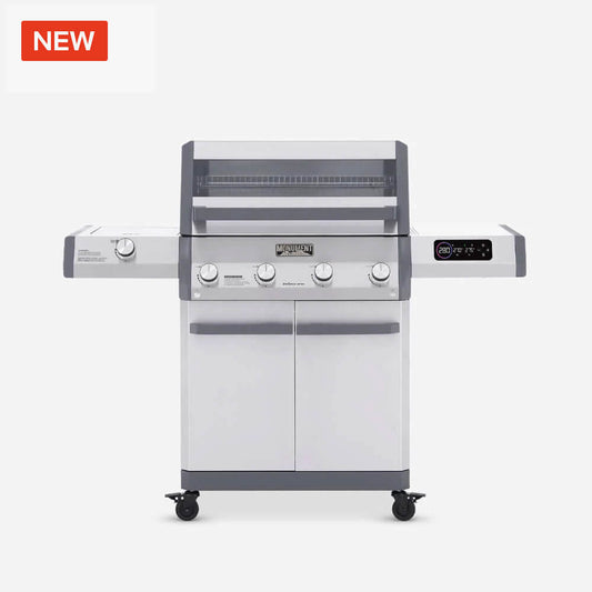 Eminence 405 smart stainless gas grill with ClearView window lid and LED panel on a patio