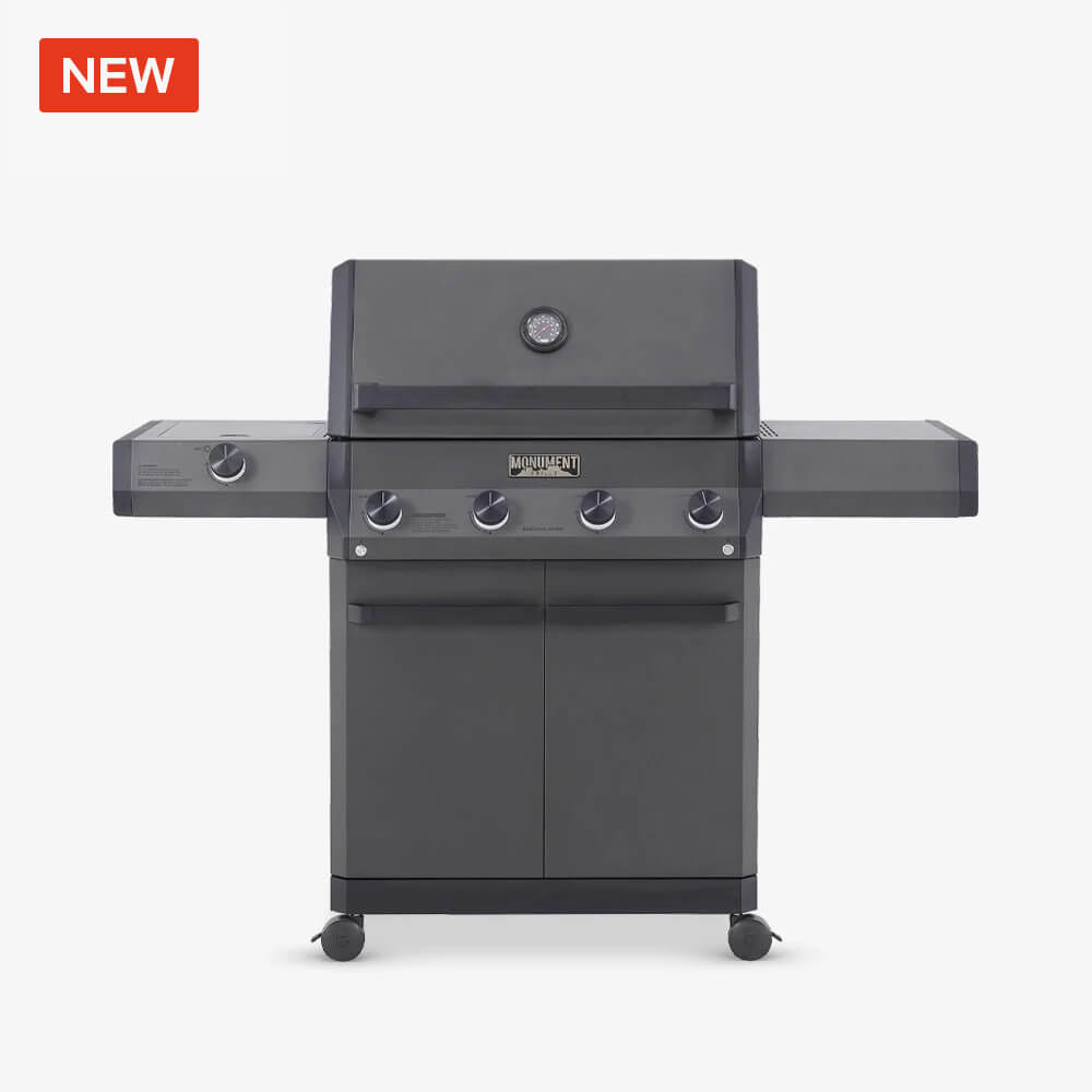 Eminence 425 propane gas grill with LED display and side burner in a backyard setting