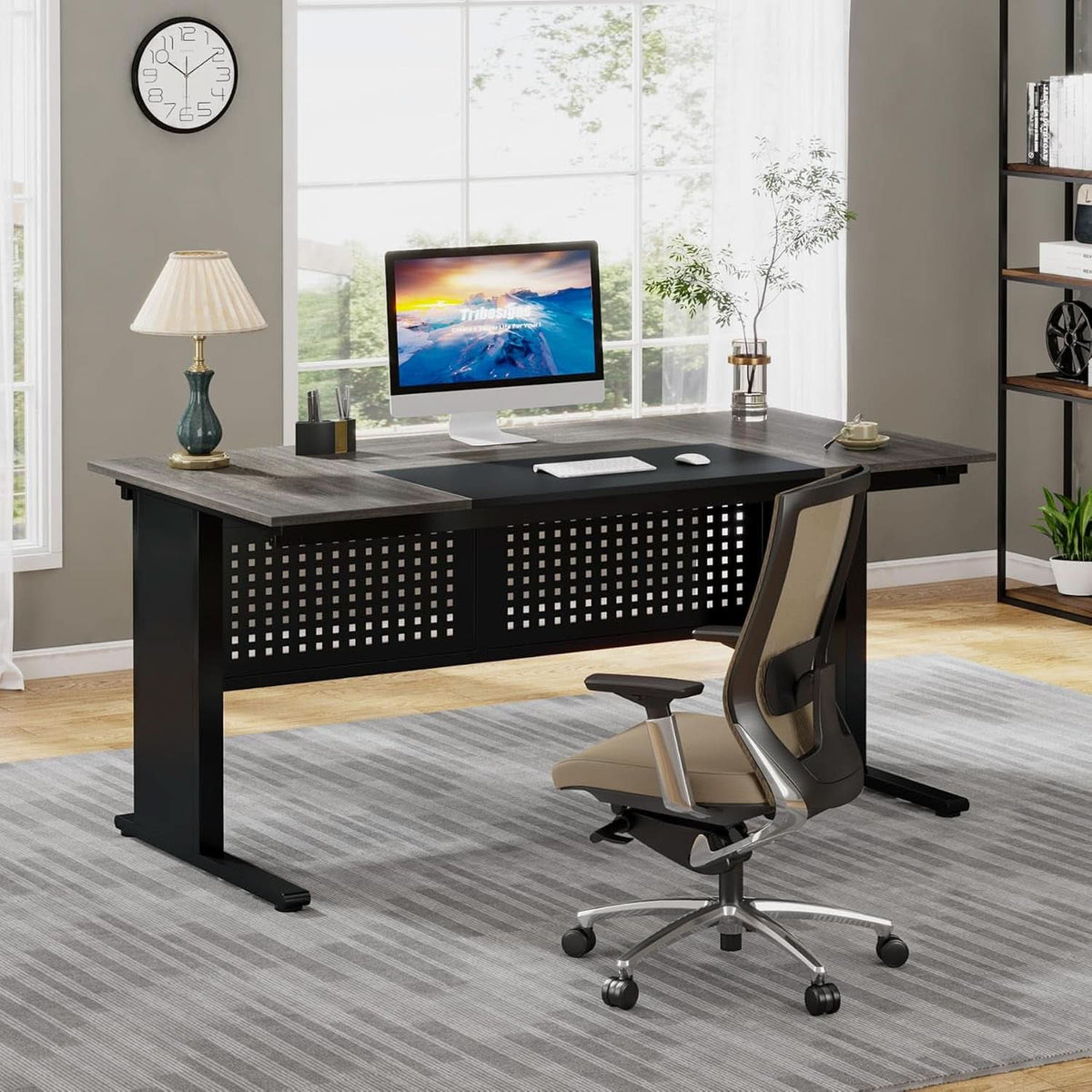 63-Inch Executive Desk with File Cabinet and Open Shelves – view 7