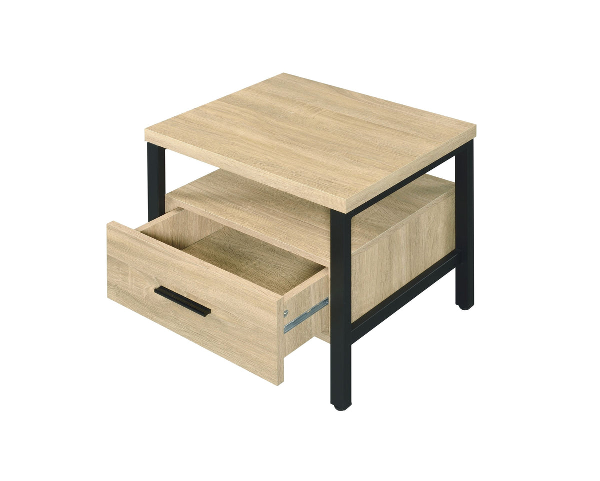 Modern Oak Finish Nightstand with Drawer, Open Shelf and Metal Legs – view 3