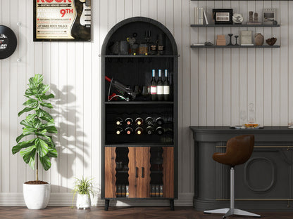 71-Inch Farmhouse Arched Wine Bar Cabinet with Glass Holders, Black – view 10