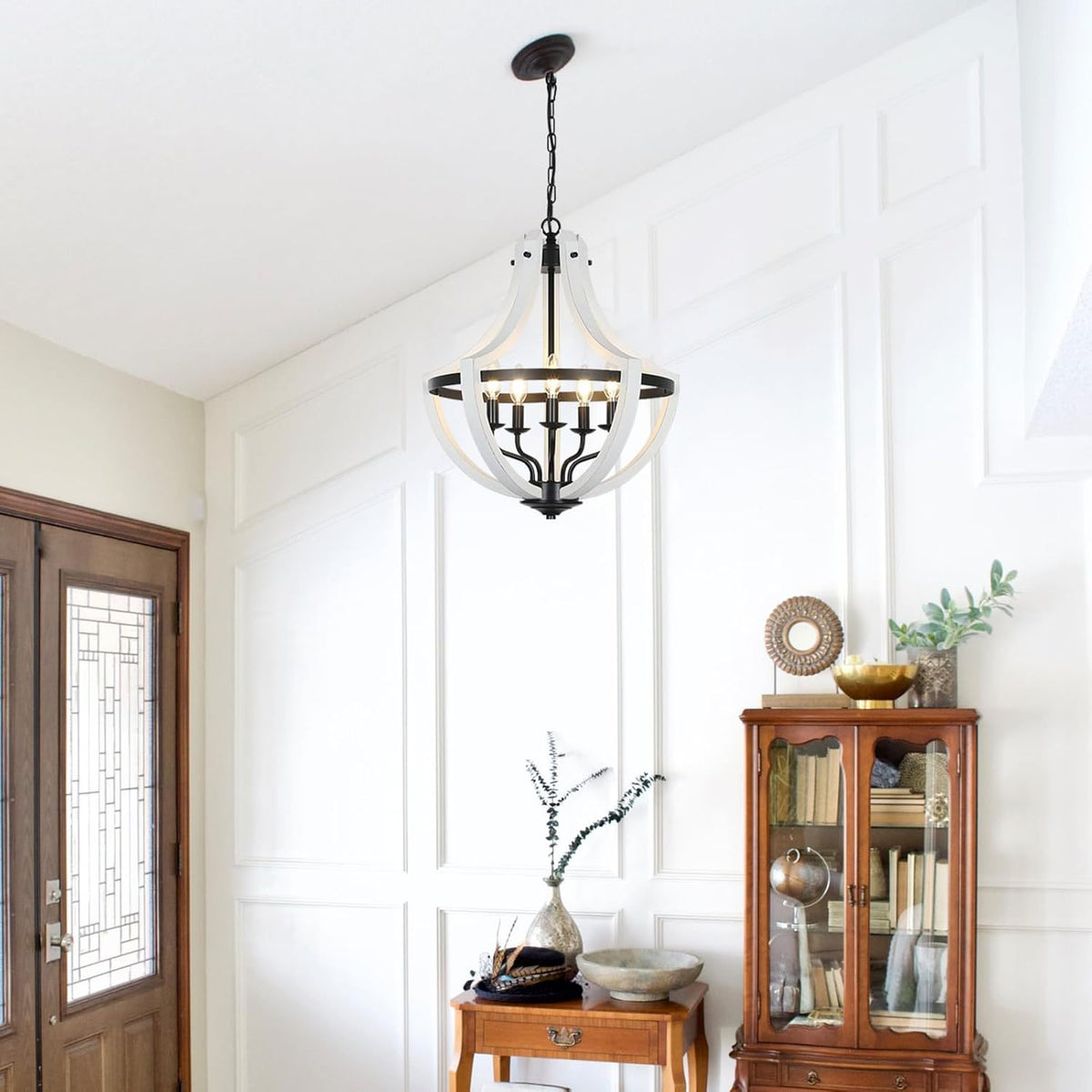 5-Light Farmhouse Chandelier with Dual-Mount Design, Weathered White – view 2