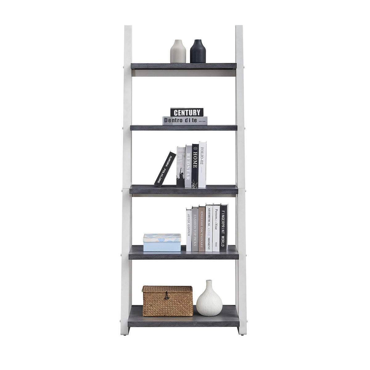 5-Tier Ladder Shelf with Rubber Wood Frame in Grey and White – view 3