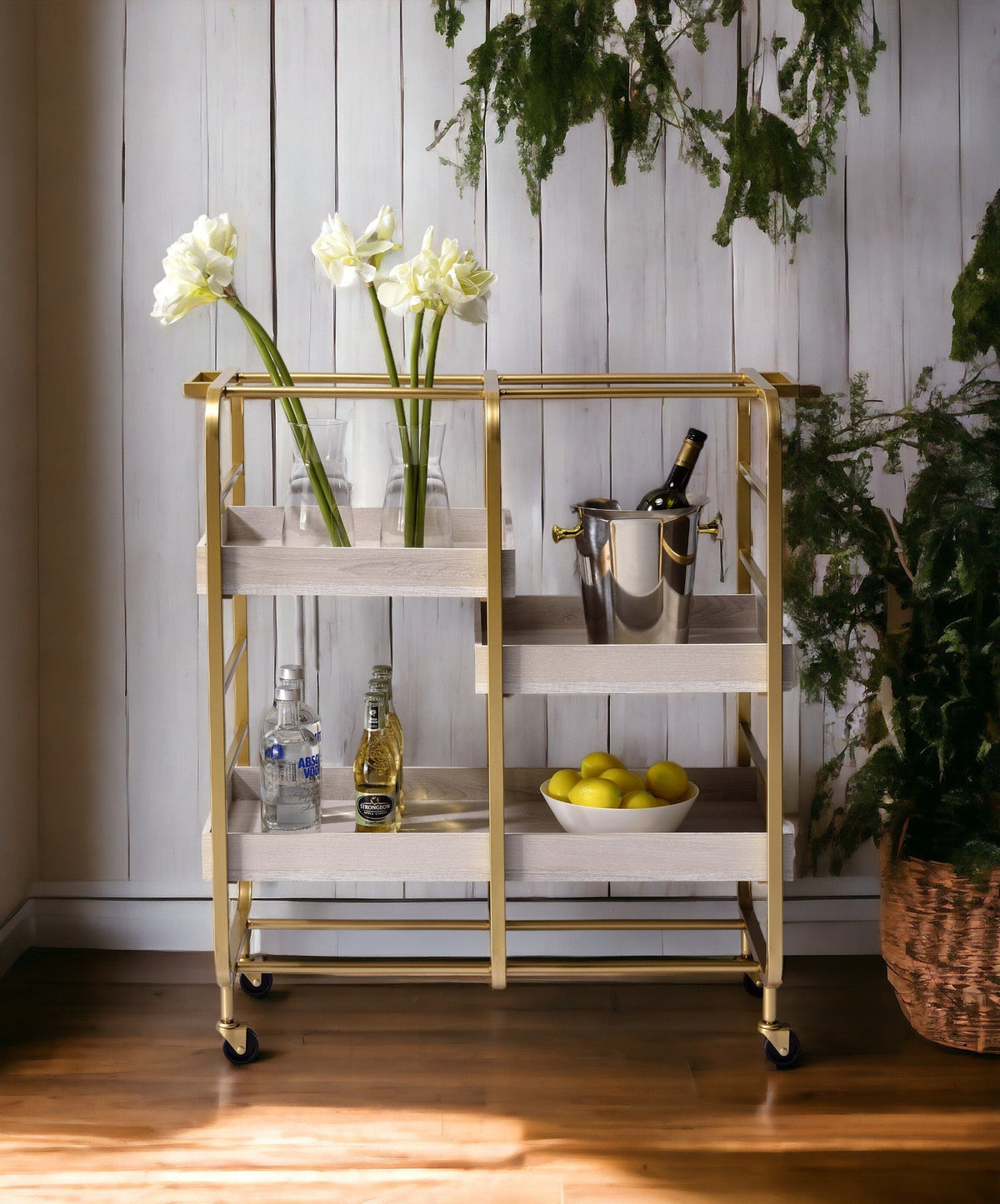 Vorrik Gold and White Washed Serving Cart with Removable Wooden Trays – view 4