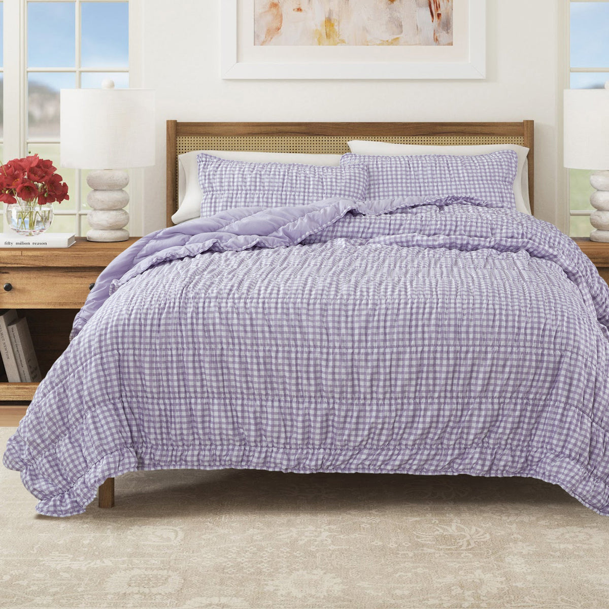 Microfiber Gingham Quilt Set in Purple
