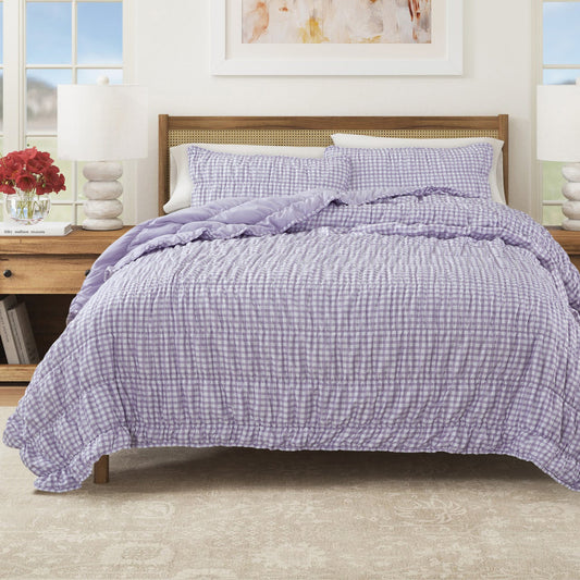 Microfiber Gingham Quilt Set in Purple