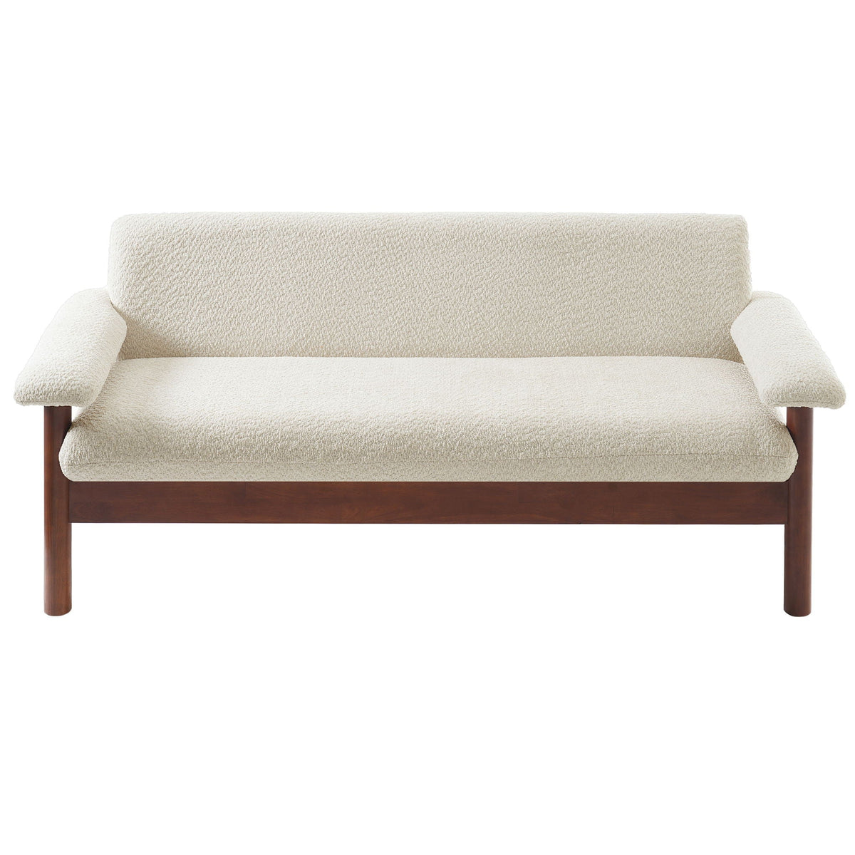 Beige fabric loveseat sofa with armrest pillows in a bright modern living room