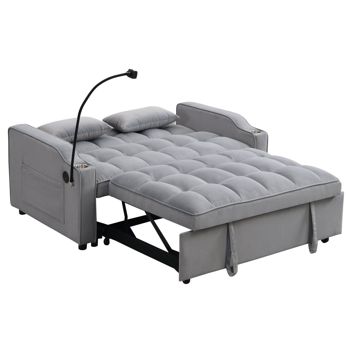 Light Gray Velvet Sleeper Loveseat with Pullout Bed and USB Ports – view 12