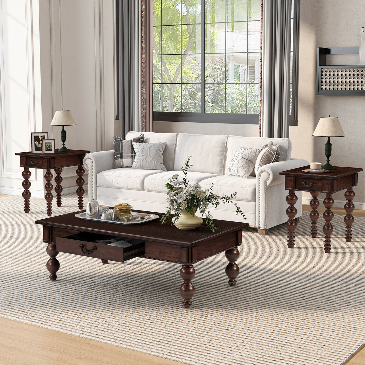 Espresso Wood End Table with Drawer and Turned Spindle Legs – view 3