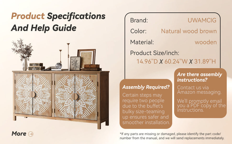 60 Inch Antique Brown and White Wood Accent Cabinet with 4 Doors – view 9