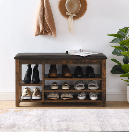 Nordic height-adjustable shoe-changing bench with cushioned seat in an entryway