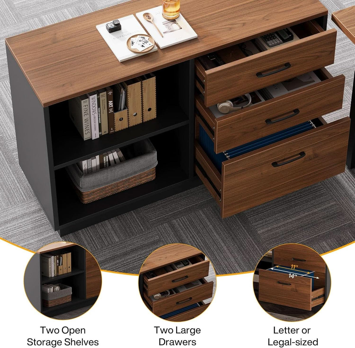 63 Inch L-Shaped Executive Desk with File Cabinet and Storage Shelves – view 7