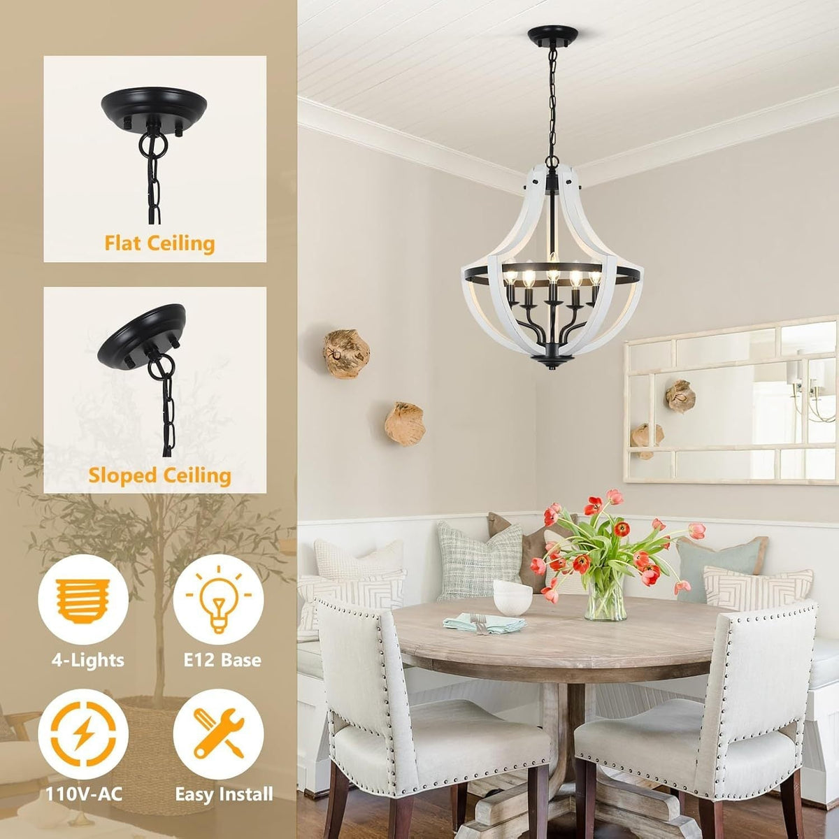 5-Light Farmhouse Chandelier with Dual-Mount Design, Weathered White – view 4
