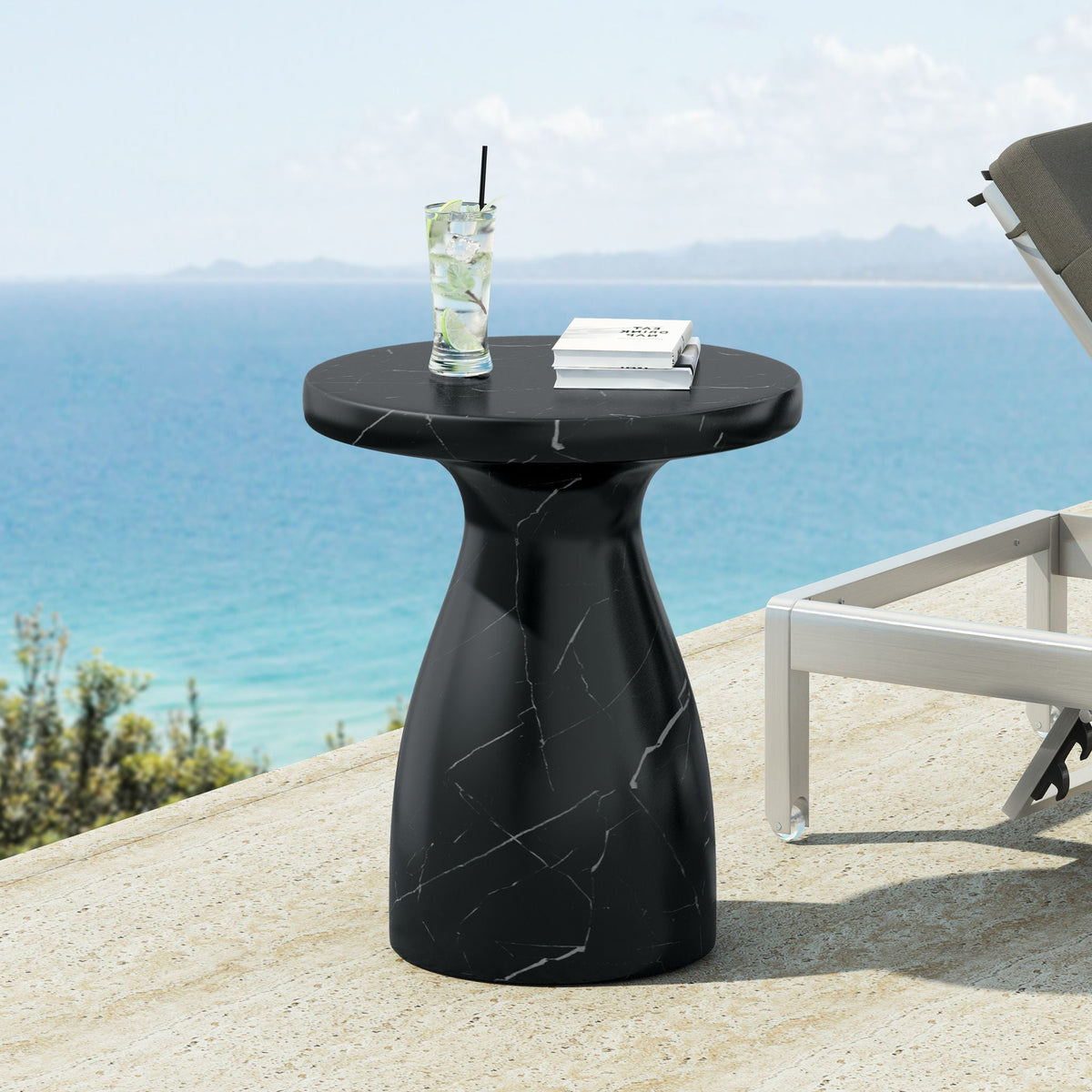 Lightweight Travertine-Look Outdoor Side Table in Black or Beige – view 8