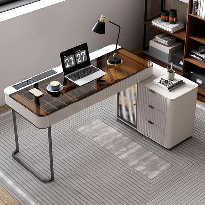 Ivory 50-Inch Glass Top Computer Desk with Storage Cabinet and LED Light – view 4