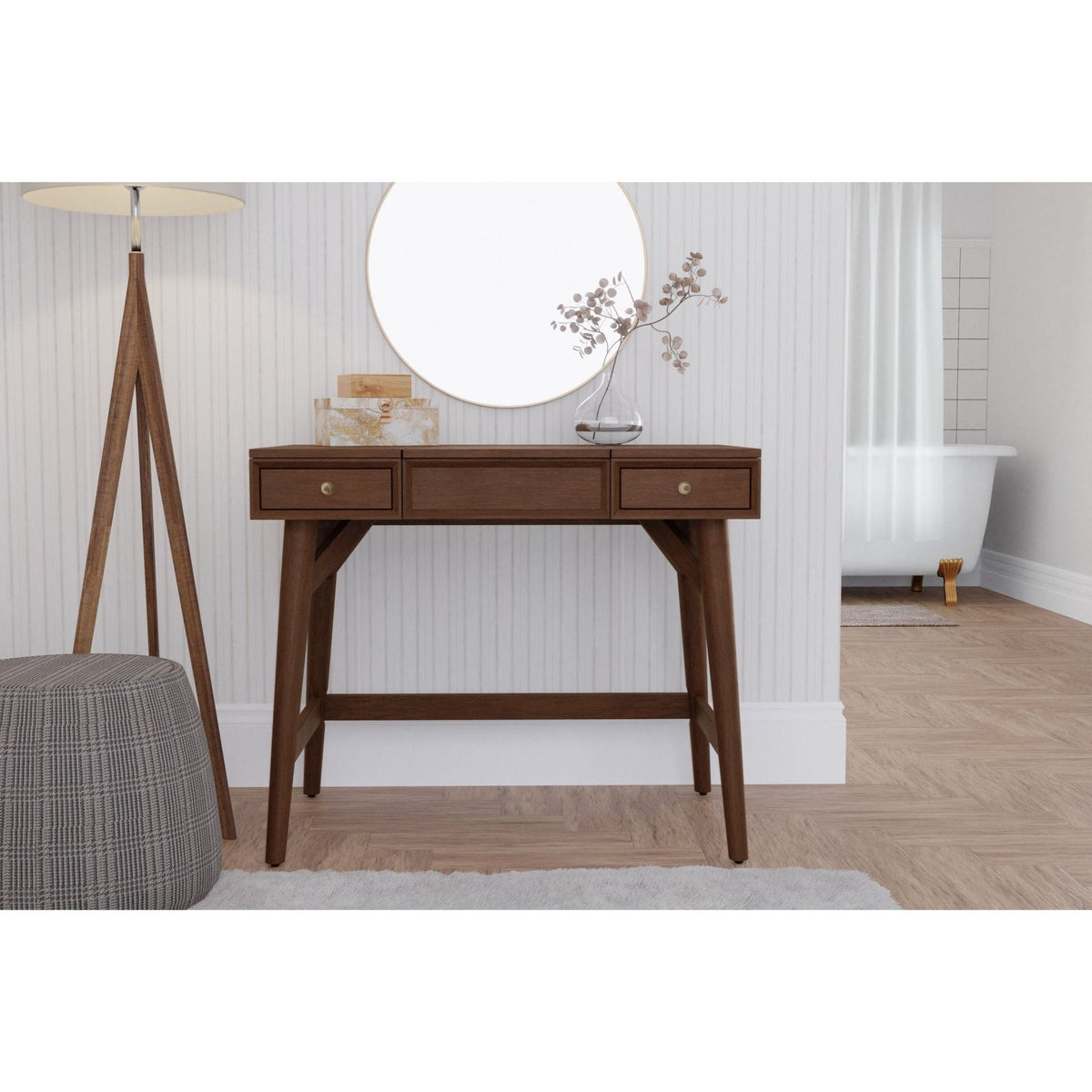 Flynn Mid-Century Bedroom Vanity with Center Drawer, Walnut Finish – view 4