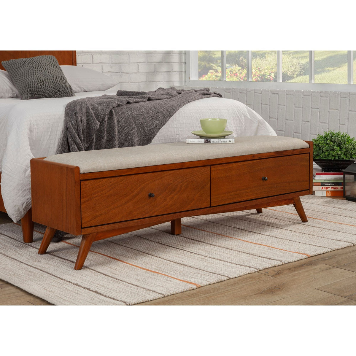 Flynn Upholstered Bench in Chestnut Solid Mahogany – view 2