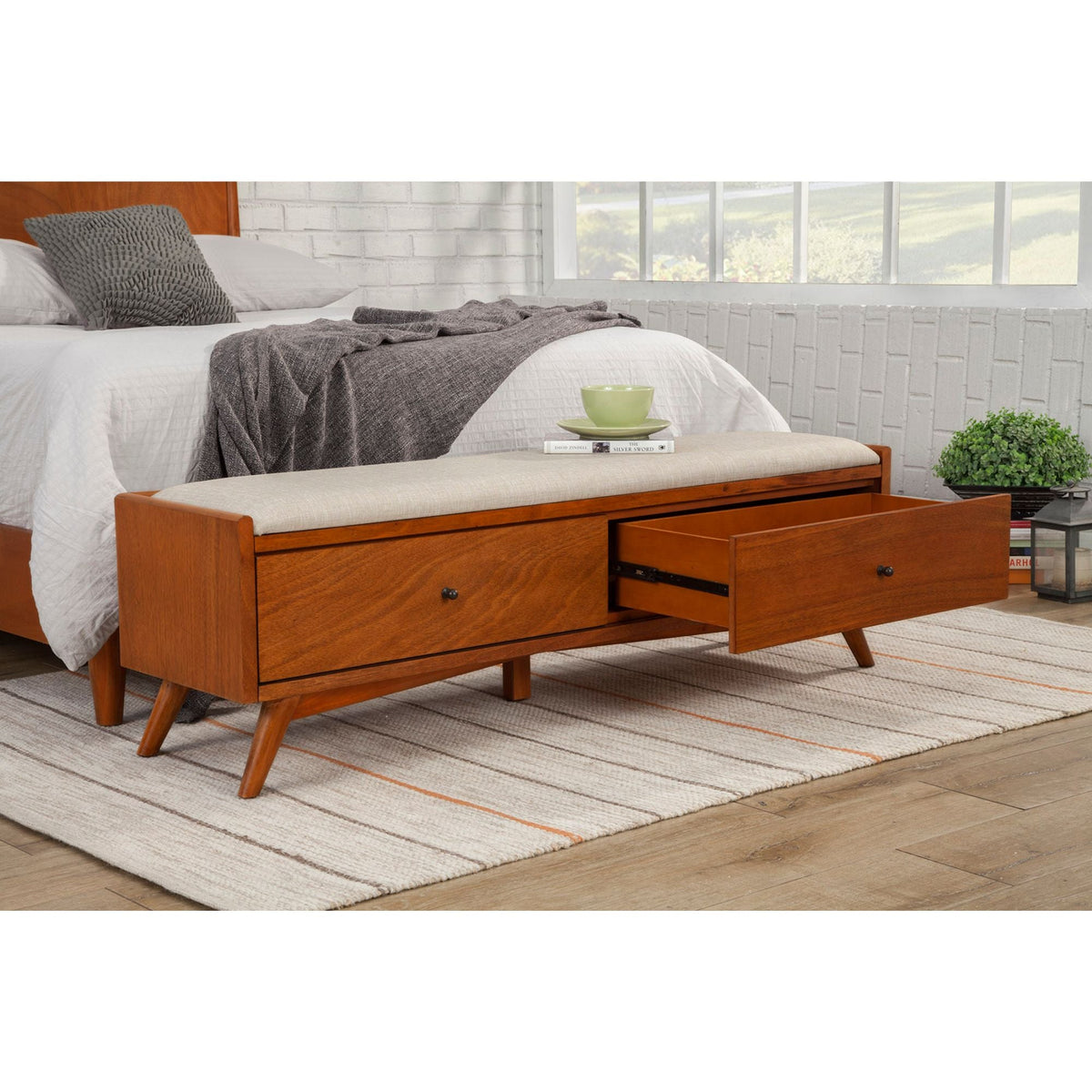 Flynn Upholstered Bench in Chestnut Solid Mahogany – view 3