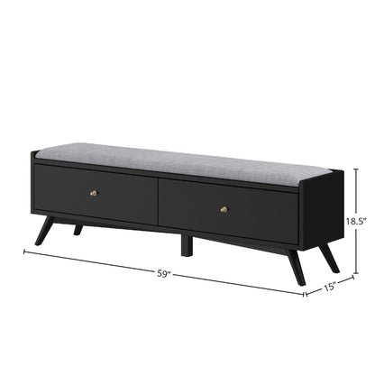 Flynn Upholstered Bench in Matte Black with Tapered Mahogany Legs – view 9