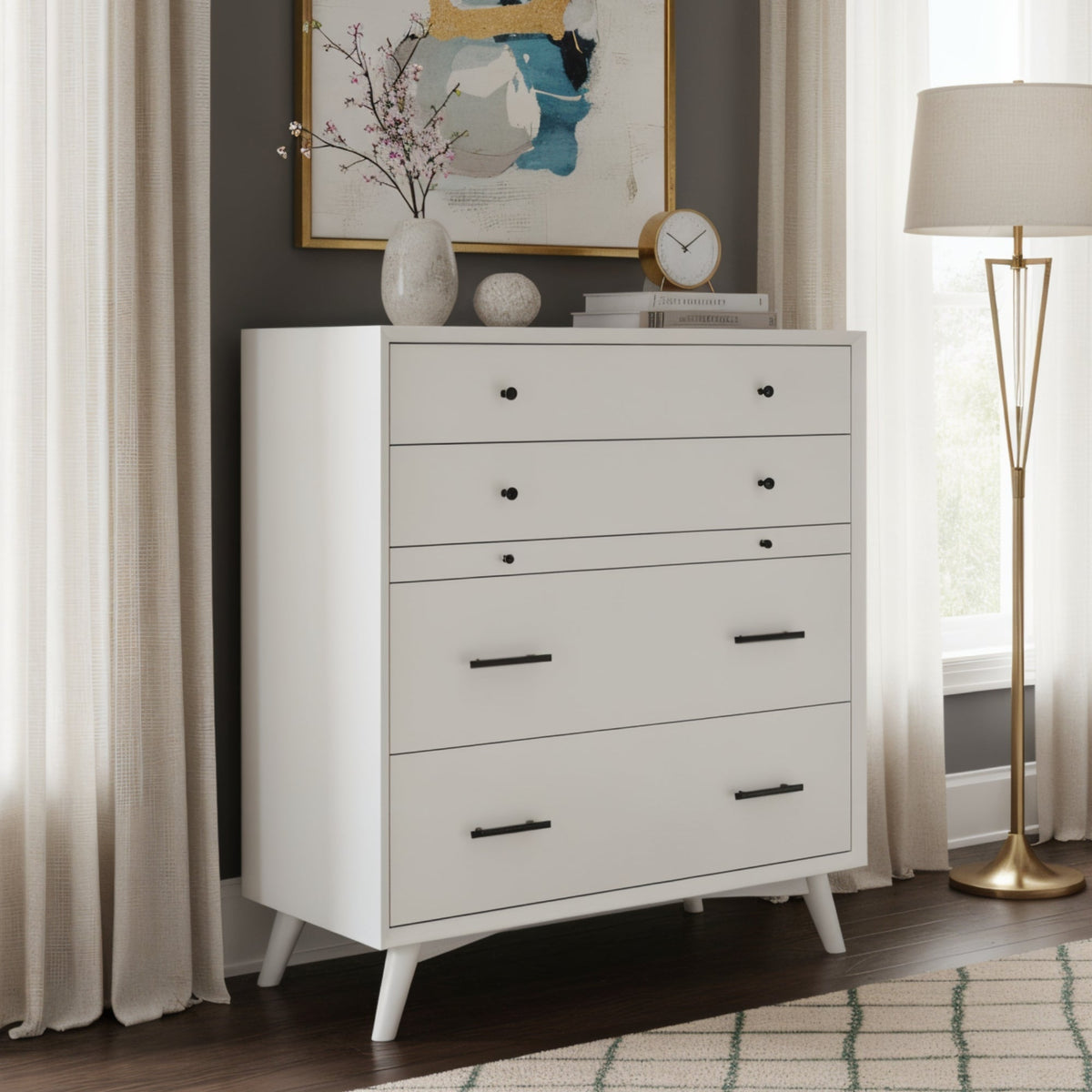 White Flynn Chest with Four Drawers and Pull-Out Tray
