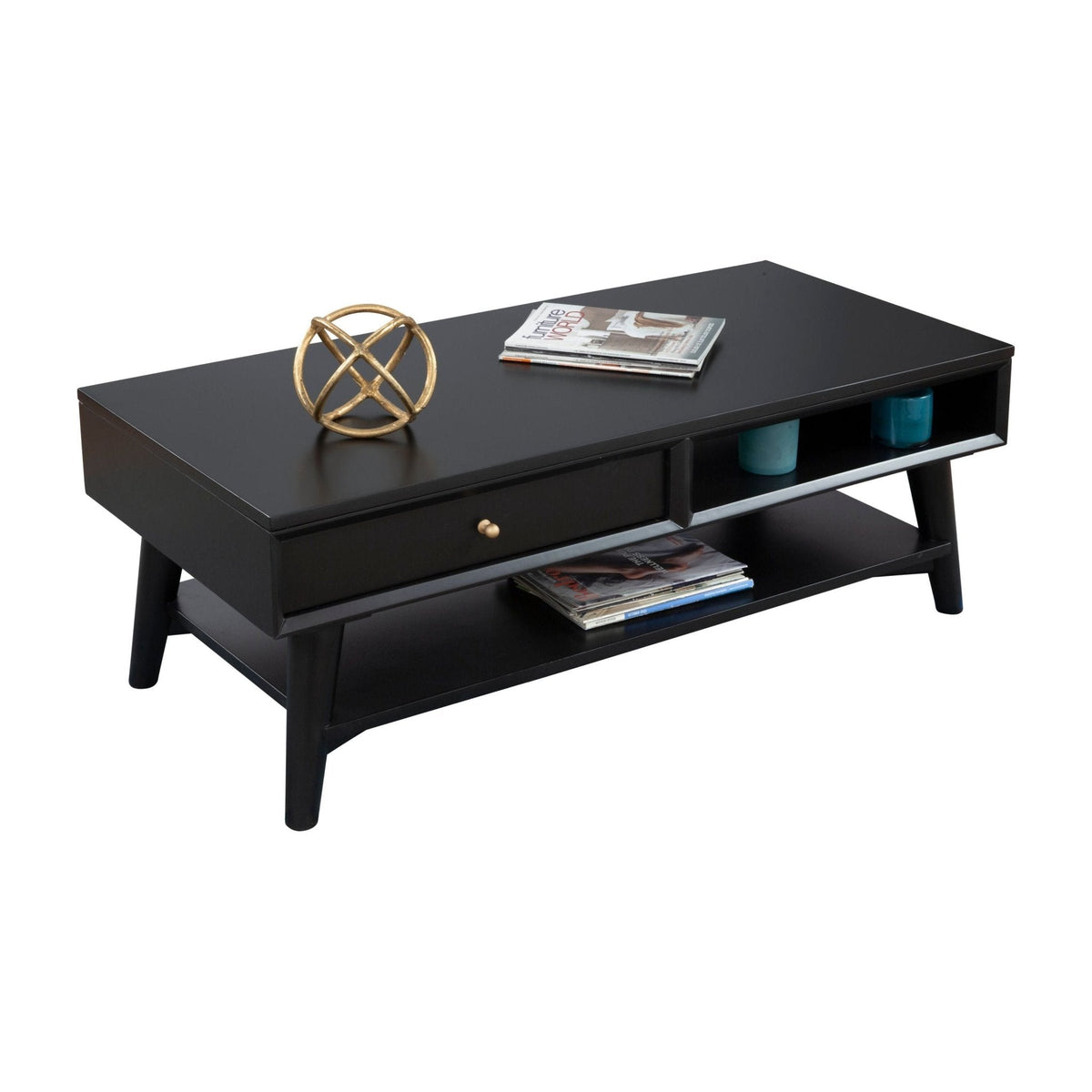 Flynn Solid Mahogany Coffee Table with Drawer, Matte Black – view 3