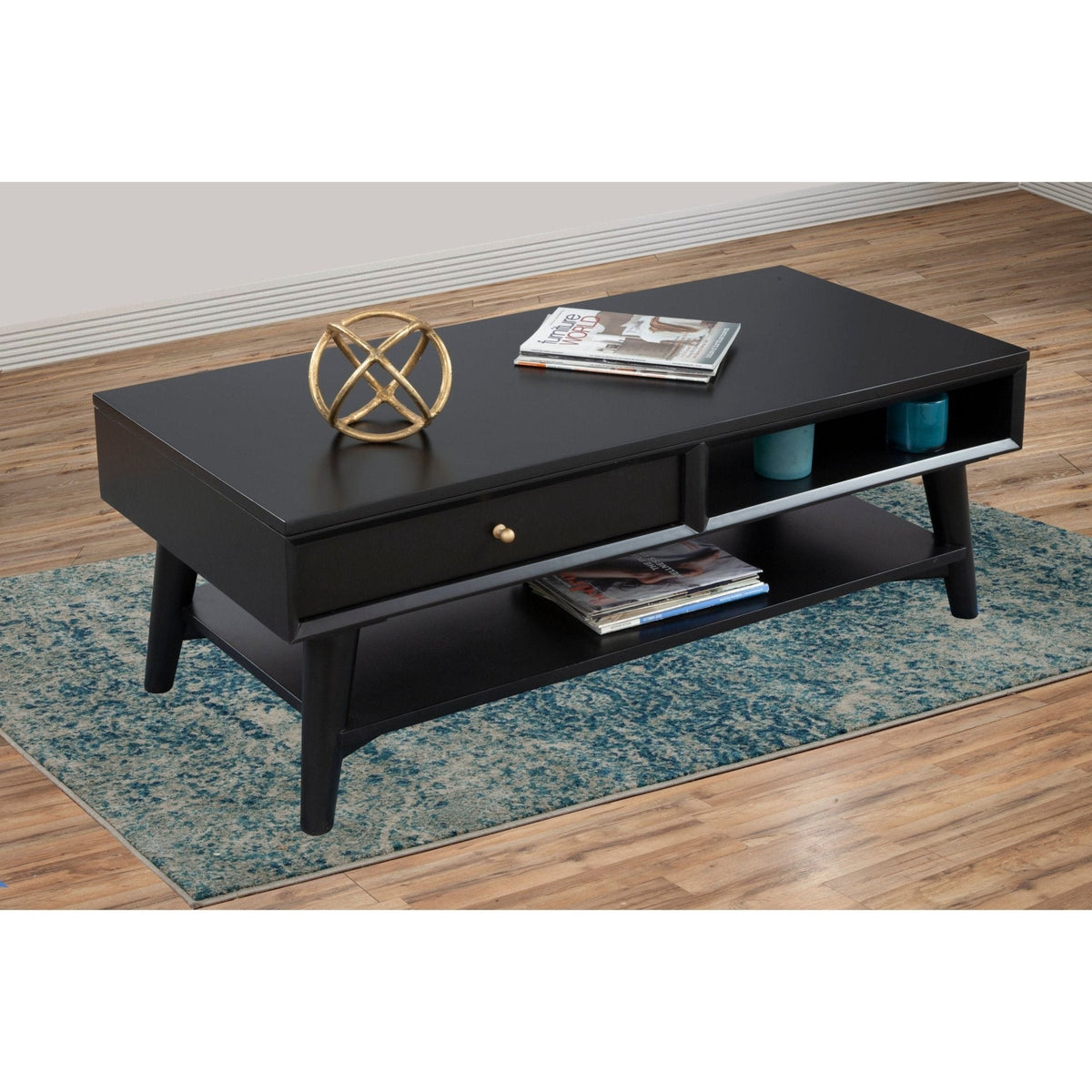 Flynn Solid Mahogany Coffee Table with Drawer, Matte Black – view 2