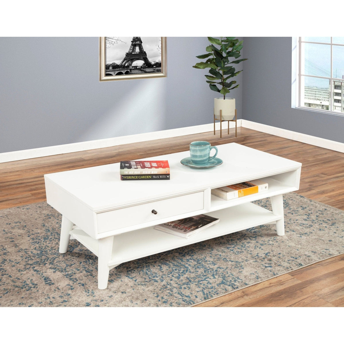 Flynn White Coffee Table with Felt-Lined Storage Drawer – view 3