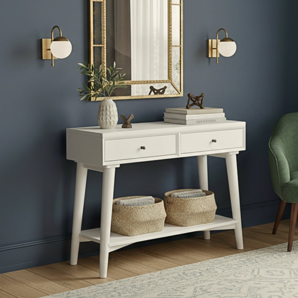 White Finish Flynn Console Table with Storage Drawers